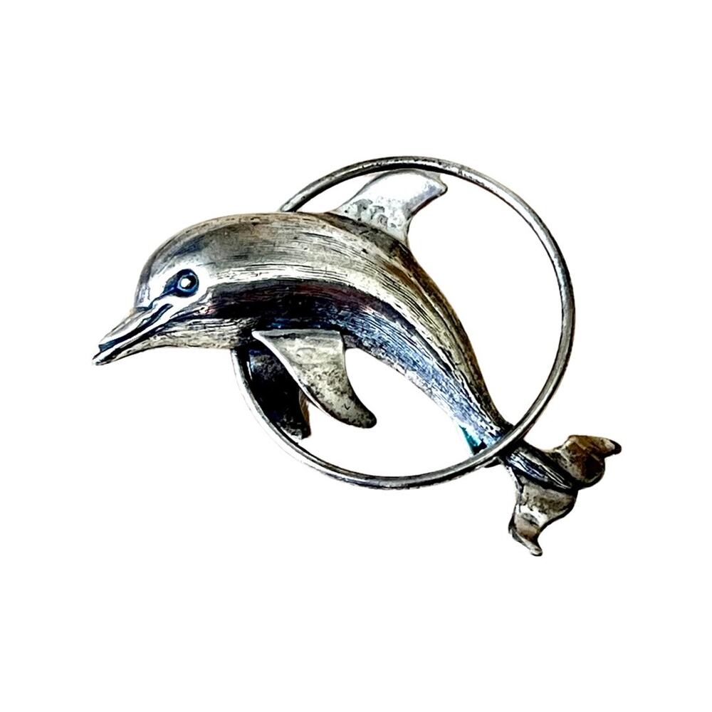Beau Vintage Sterling Silver Dolphin Brooch, Retro Dolphin Pin